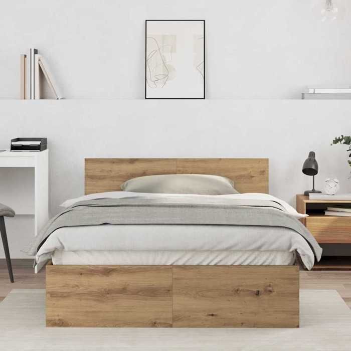 vidaXL Cadre de Lit en Chêne Artisan, 120 x 190 cm, Bois Massif, Tête de Lit Murale, Style Rustique Pour la Chambre 3376061