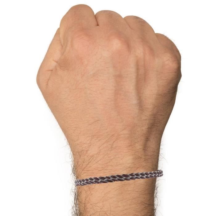 Les Poulettes Bijoux - Bracelet Mixte Cuir et Acier Tréssé Plat - Marron foncé