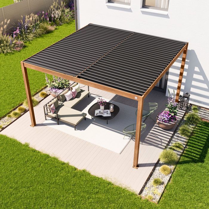 Pérgola PRIMEYARD de 4x4 m con postes de aluminio efecto madera y lamas de acero ajustables.