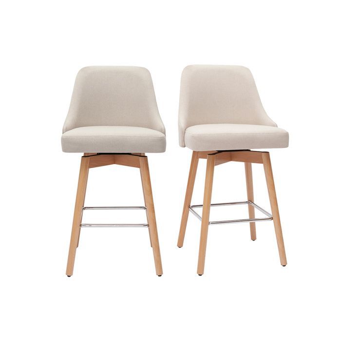 Miliboo - Sgabelli da bar girevoli a 360° in stile scandinavo, in tessuto beige e legno massello di faggio, altezza 65 cm (set da 2) HASTA