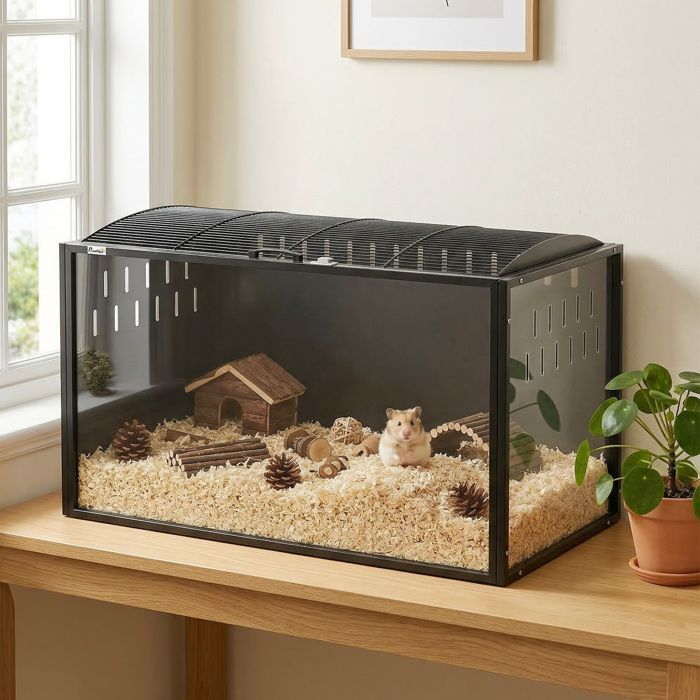 Hamsterkäfig – Nagergehege – PawHut – Stahl und transparentes Acrylglas mit Panoramaaussicht und zu öffnendem Dach – 105 x 51 x 53 cm – schwarz