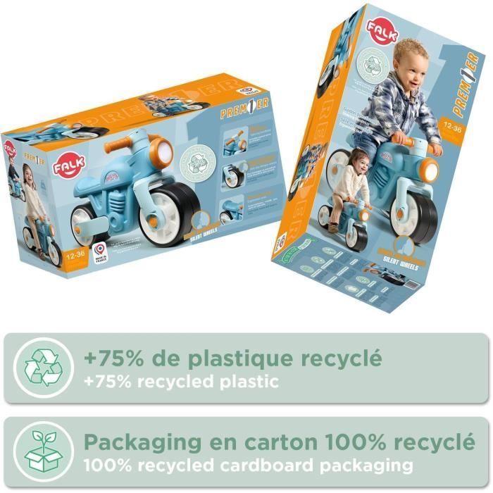 Draisienne Moto Premier - FALK - Avec roues silencieuses - Bleu - 75% Plastique Recyclé - 100% Fabriqué en France - Dès 12 mois