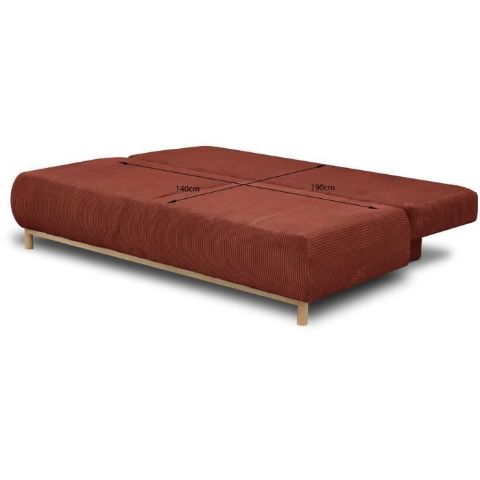 Sofá convertible de 3 plazas - MIKA - Pana color terracota - Compartimento de almacenamiento - Ancho 192 x Alto 84 x Profundidad 93 cm