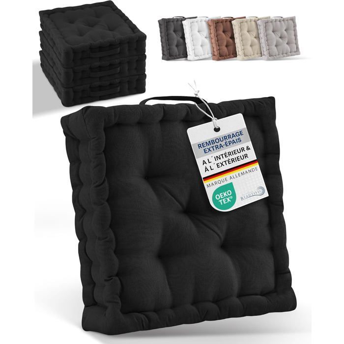 Juego de 4 cojines de suelo Beauitsu, cojín de asiento de 50x50 cm - Cojín de colchón grueso de 8 cm - 100% algodón, cojín de asiento negro - Mila