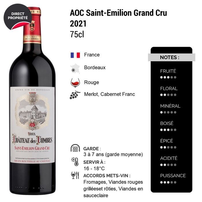 Vieux Château des Combes 2021 - Saint-Emilion Grand Cru - Vin Rouge de Bordeaux (6x75cl)