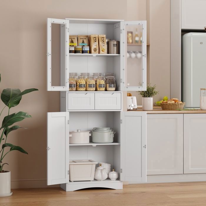 Buffet de Cuisine - Bealife - Meuble Rangement - 2 Tiroirs - Étagères Réglables - 4 Portes en Verre - Armoire Haute 170 cm - Blanc