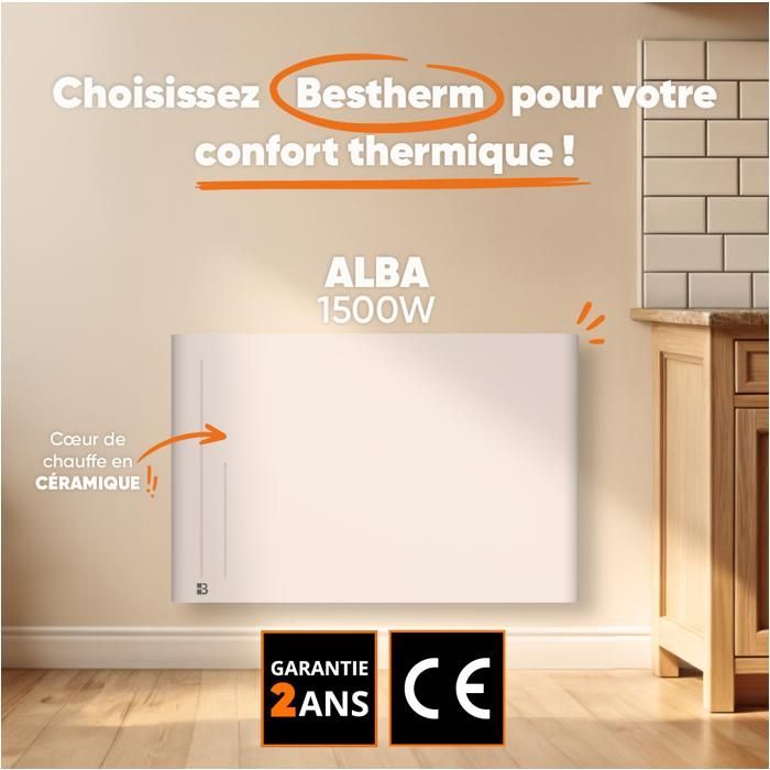 Fixed ceramic dry inertia electric radiator - BESTHERM - ALBA 1500W - horizontal white