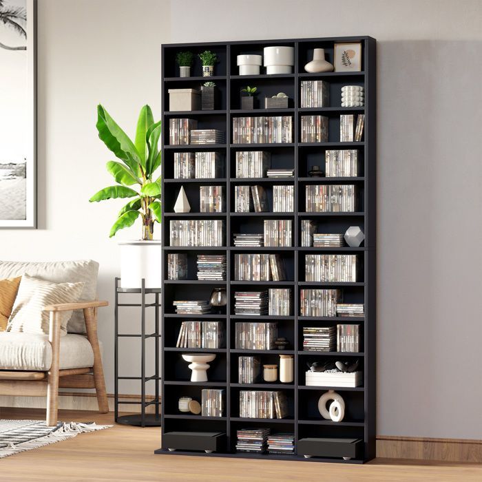 Estantería de almacenamiento - HOMCOM - para CD, DVD, 1116 CD, 36 compartimentos, estantes ajustables - madera - 102 x 23,5 x 195 cm - negro