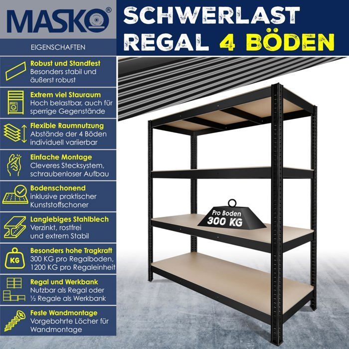 MASKO® Étagère charges lourde en métal max. 1200kg | Étagère de Stockage & Rangement à 4 niveaux pour garage & Atelier Noir