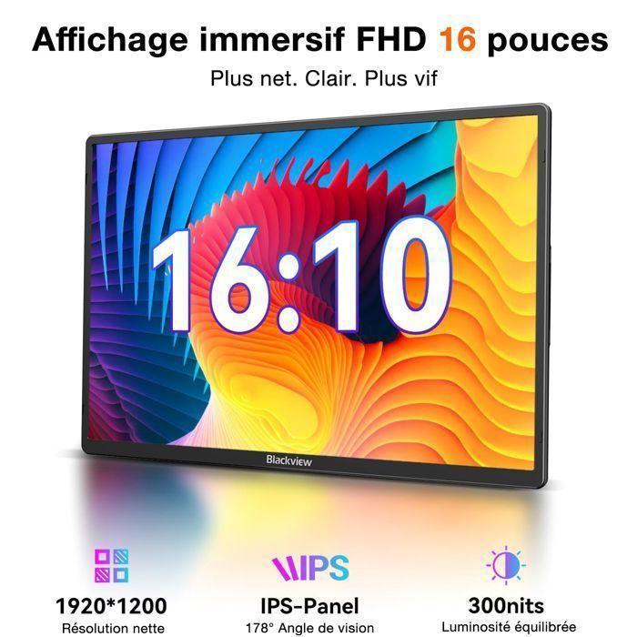 Blackview Table 9 16 pouces Moniteur portable 1920*1200 FHD écran de confort oculaire IPS pour PC - Noir