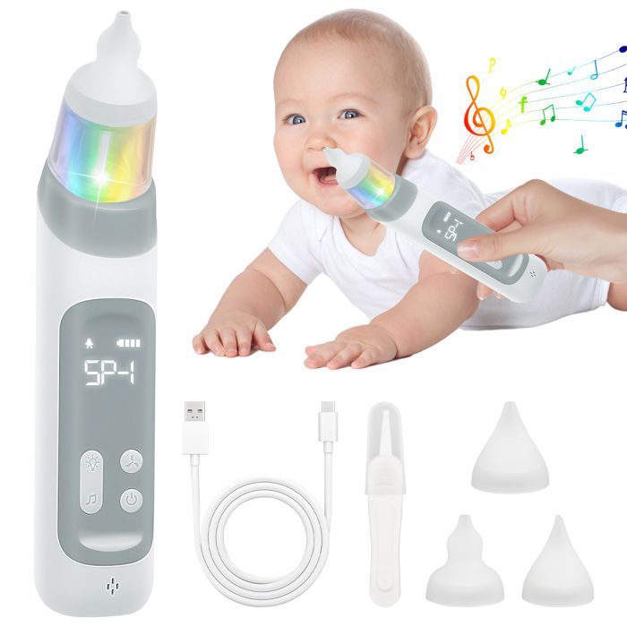 Elektrischer Nasensauger für Babys, Nasenvakuum mit 5 Saugstufen und 3 Silikonaufsätzen, Musik und Licht