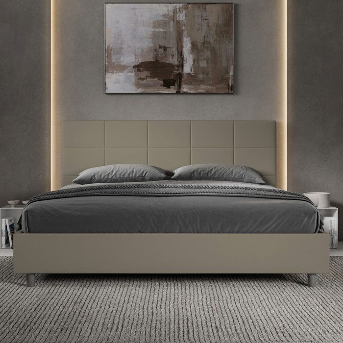 Lit king size coffre - Ityhome - Mika - 200x210 cm - Similicuir cappuccino - Tête de lit rembourrée