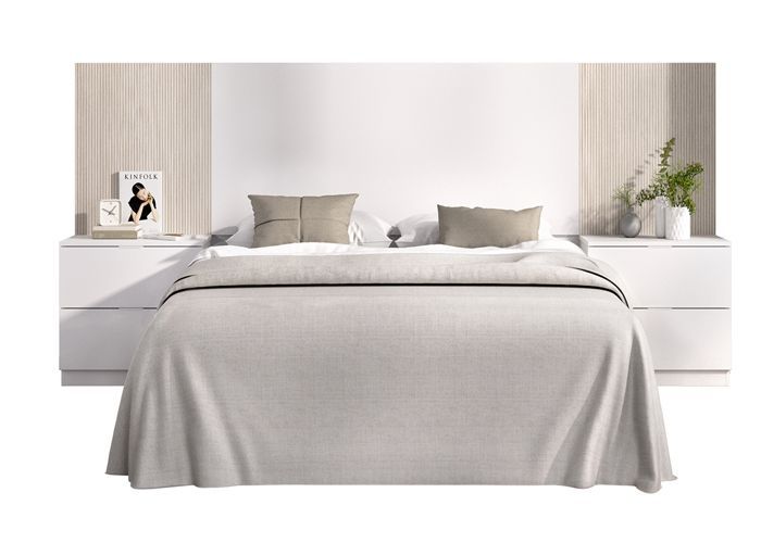 Ensemble de Tête de lit avec 2 tables de chevet de 2 tiroirs coloris imitation lamelles chêne naturel, blanc