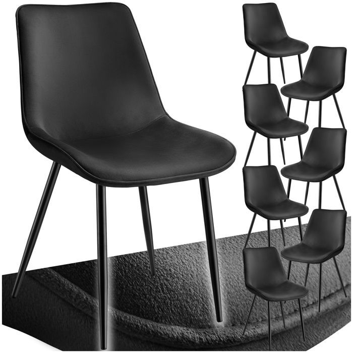 Chaises - TECTAKE - Lot de 8 fauteuils MONROE rembourrés aspect velours assise ergonomique et pieds en acier noir - Noir