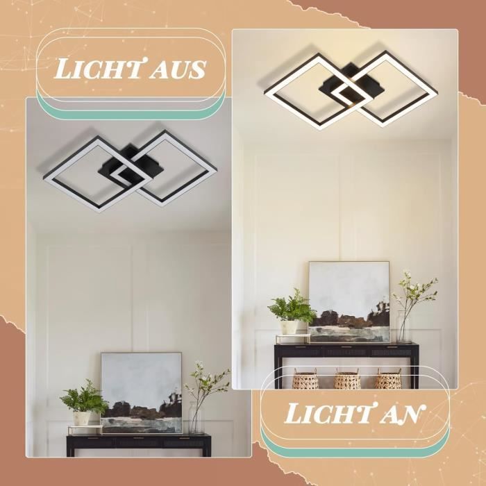 Homefire Plafonnier moderne LED - Aluminium et Métal - Noir -29,5 x 6 x 47 cm - Blanc chaud Design carré