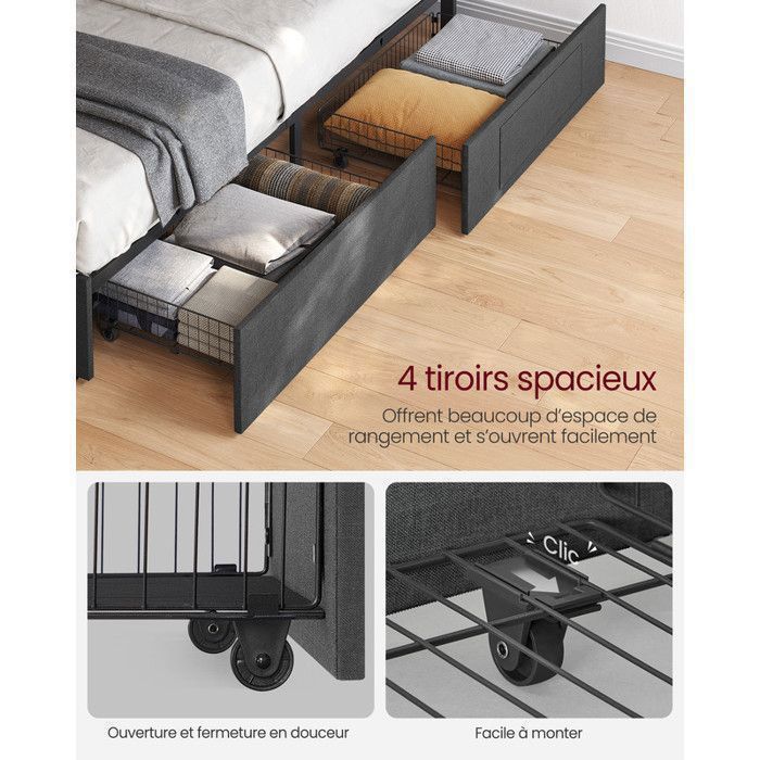 Letto matrimoniale completo, 140 x 190 cm, con illuminazione a LED, 4 cassetti, multipresa, testiera regolabile, non necessita di rete a doghe, grigio e nero.