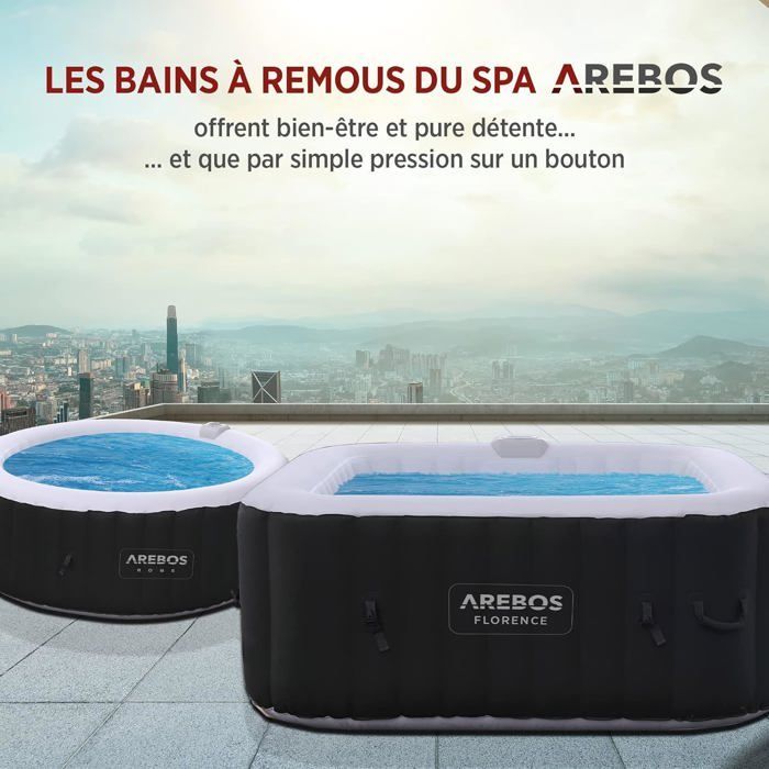 Spa hinchable AREBOS | Para uso interior y exterior | 4 personas | 154 x 154 cm | 100 chorros de masaje | Cuadrado | 600 litros
