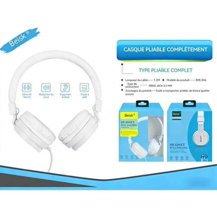 Casque audio,pliable,Casques audio pour enfants,Bandeau épais,Jack 3,5 mm,Conception de réduction du bruit,Cache-oreilles doux,Blanc