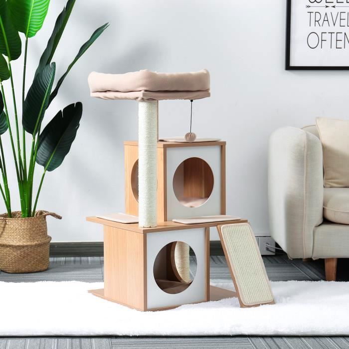 PAWZ Road Modern and Sturdy Wooden Cat Tree, Cat Tree with Scratching Post, Sisal, Hanging Pom-Pom, Basket, 89cm, Beige