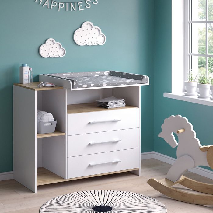 Commode à langer Oskar 113x93cm avec 3 tiroirs Chêne blanc/force de l'or Chêne de force doré Vicco 55591