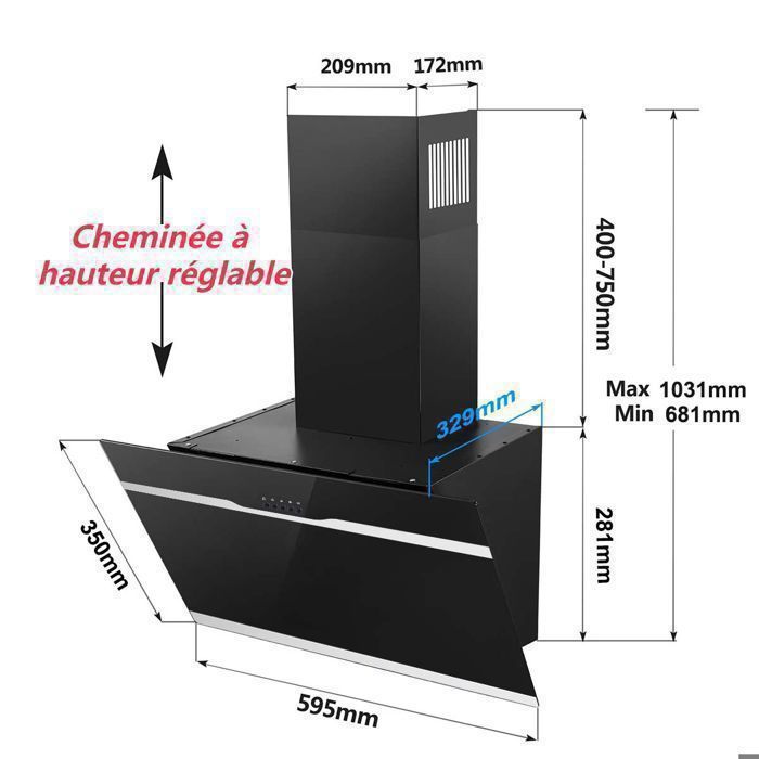 60 cm afzuigkap - Energieklasse A++ - 3 snelheden - Zwart glas - Schuine afzuigkap - Afzuigcapaciteit - 350 m³/u