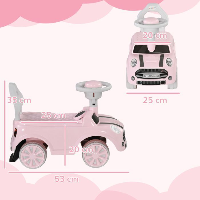 Coche de juguete para niños de 18 a 36 meses con volante, claxon y sistema antivuelco. Capacidad de carga de 25 kg. 53 x 25 x 35 cm. Rosa.