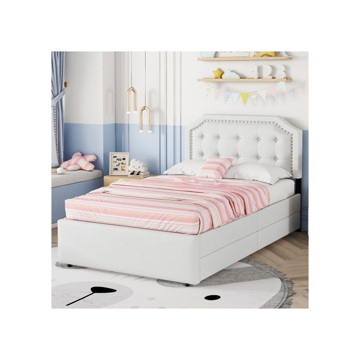 Cama individual de 90x200 cm para adultos con 2 cajones, cama de noche tapizada con remaches decorativos - SWEIKO - Beige claro