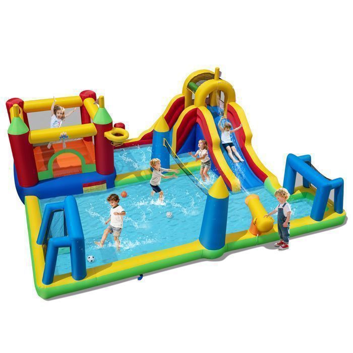 Opblaasbaar kasteel - COSTWAY - Waterglijbaan, klimwand, zwembad zonder pomp - Buitenspel voor kinderen van 3-12 jaar
