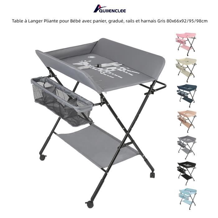 Cambiador plegable para bebés QUIIENCLEE con cesta, graduada, barandillas y arnés, color gris, 80x66x92/95/98cm [estampado de jirafa]