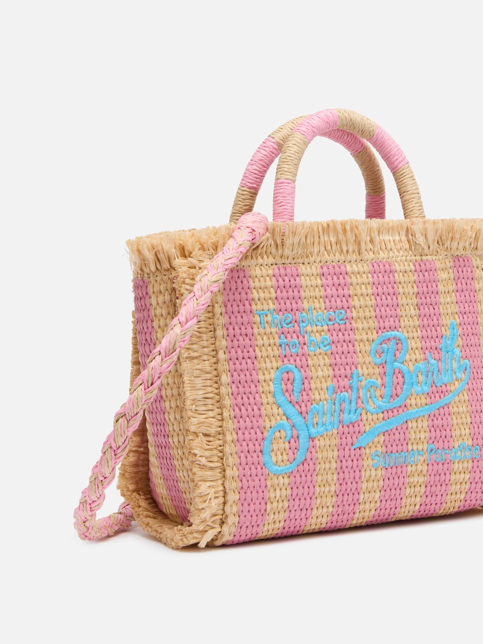 Mini necessaire com efeito de palha e estampa listrada