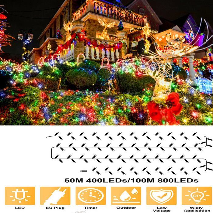 Guirnalda de luces navideñas para exteriores, multicolor, IP44, 30 m, 300 LED, 8 efectos, temporizador de 6 h/18 h, bajo voltaje, perfecta para paredes/árboles.
