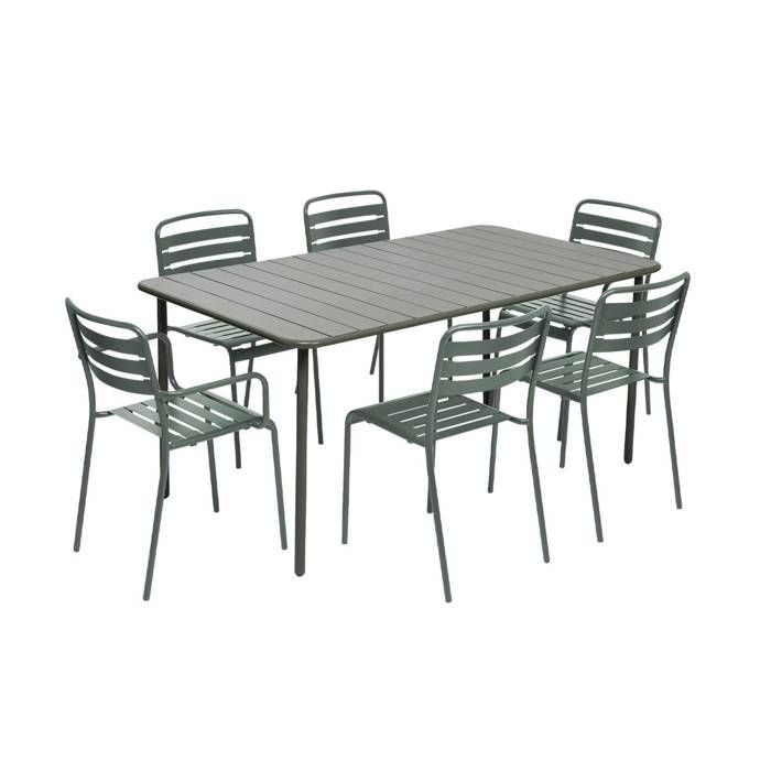 Mesa de jardín metálica + 6 sillas color caqui. Acero tratado resistente a la corrosión.