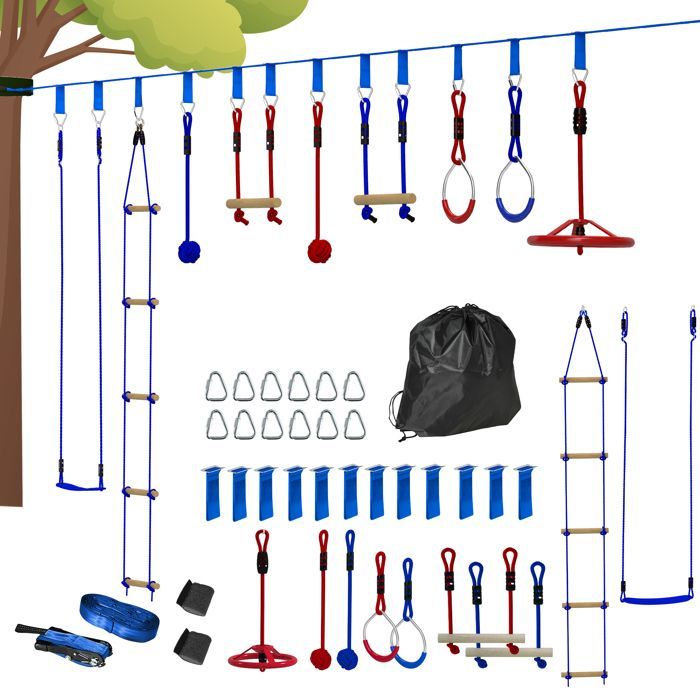 Ninja-hindernisbaan voor kinderen - AIYAPLAY - 10 accessoires - 10 meter slackline en draagtas - blauw