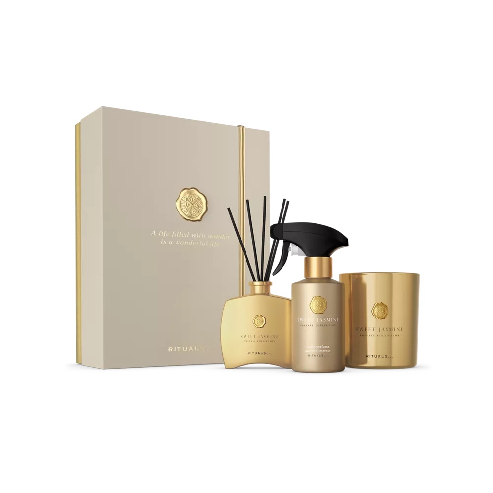 Poklon set Private Collection Sweet Jasmine V mirisna svijeća 360g, mini mirisni štapići 100ml, parfem za dom 250ml