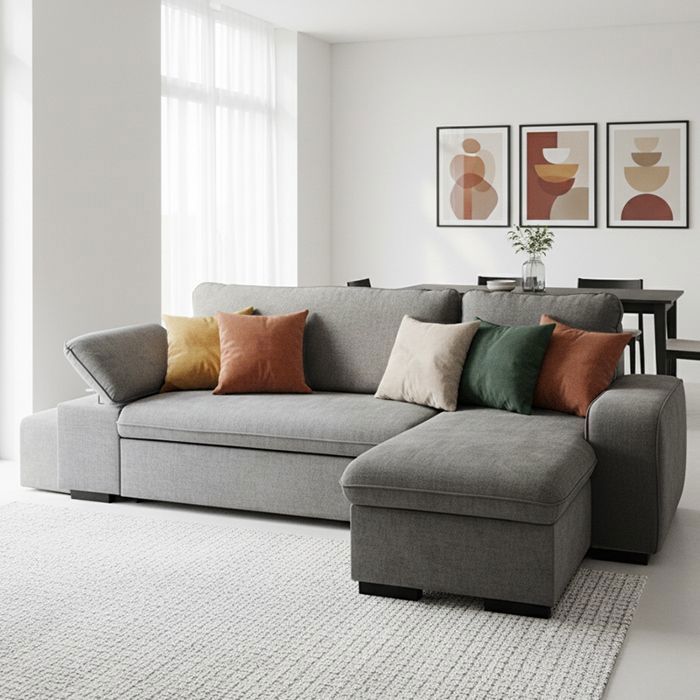 Divano letto angolare reversibile ALYA grigio cenere (tessuto a trama piatta) - Taglia M - 4/5 posti - 255 x 148 x 88 cm