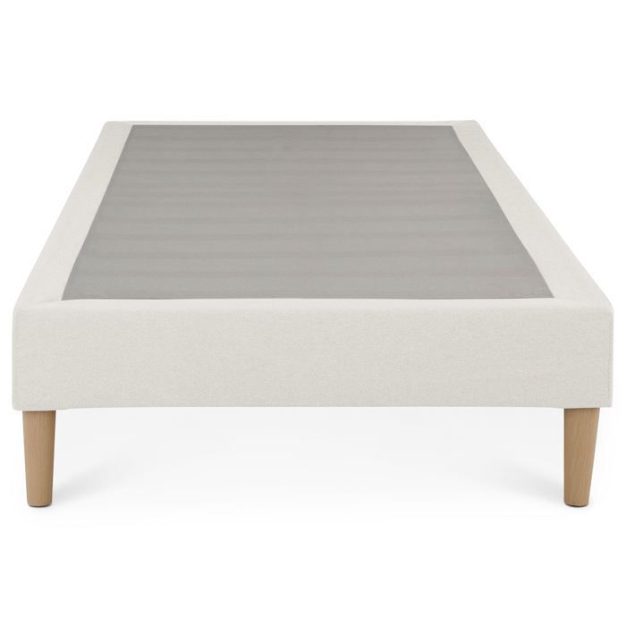 Base de cama tapizada PAIMPOL de 90 x 190 cm, estructura de madera y tapizado de tela blanco crema, estructura de cama con patas.