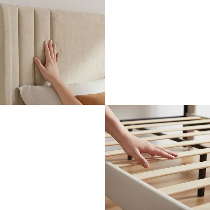 Bett 140x190 cm, NMONET, Lattenrost, Leinenbezug, Doppelbettgestell 140x190, Erwachsenenbett 140x190, beige