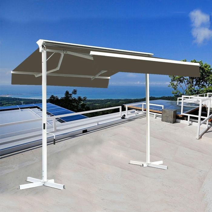 Stores bannes de terrasse double pente avec coffre sur pied - 4 x 4 m - Taupe