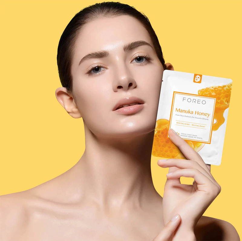 Máscara facial em tecido FOREO Farm to Face com mel de Manuka, hidratante e revitalizante.