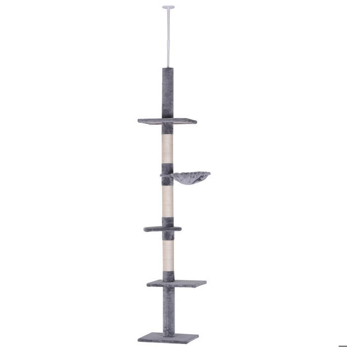 PawHut Arbre chat du sol au plafond poteau à griffer L40 x l 34 x H 230-260 cm 5 niveaux d'activités gris
