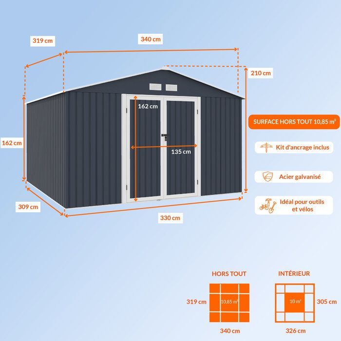 Metalen tuinschuur 10,85 m² - 340 x 319 x 210 cm - LUNEX - Inclusief verankeringsset, 2 draaideuren - Grijs
