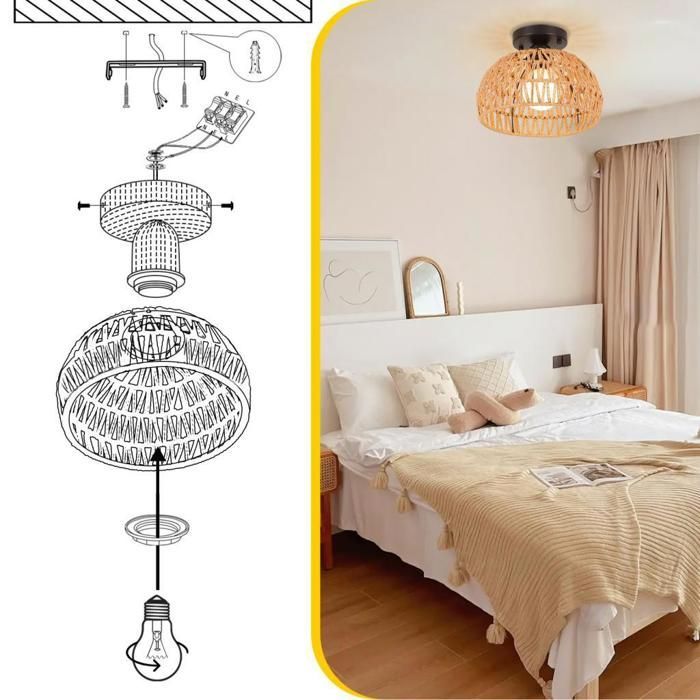 WOTTES Plafonnier Vintage Industrielle, E27 Lampe de Plafond Rétro, Ø25cm Abat-jour Cage Ronde en Métal Noir et Rotin, 2PCS