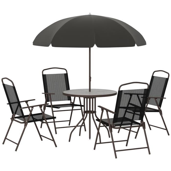 Conjunto de muebles de jardín Outsunny - 6 piezas, mesa redonda, 4 sillas plegables, sombrilla - acero - negro