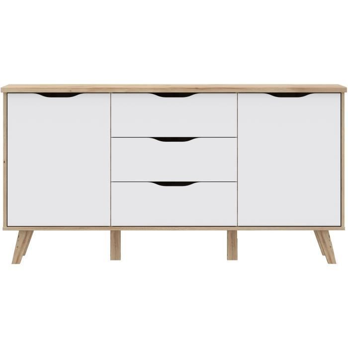 Aparador de 150 cm - VANKKA - Roble / Blanco mate - 2 puertas - 3 cajones