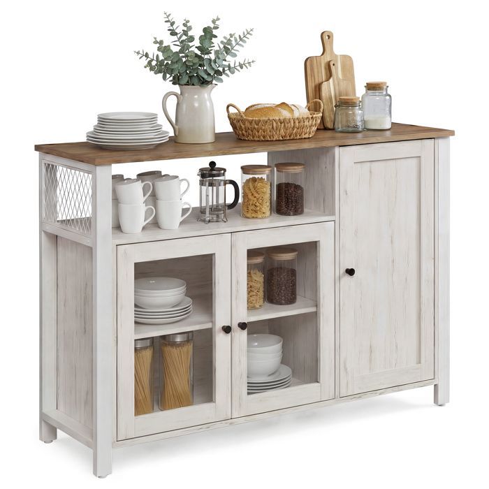 Aparador de cocina con 3 puertas, para comedor o salón, estilo rústico, 110 x 33 x 75 cm, marrón y blanco.