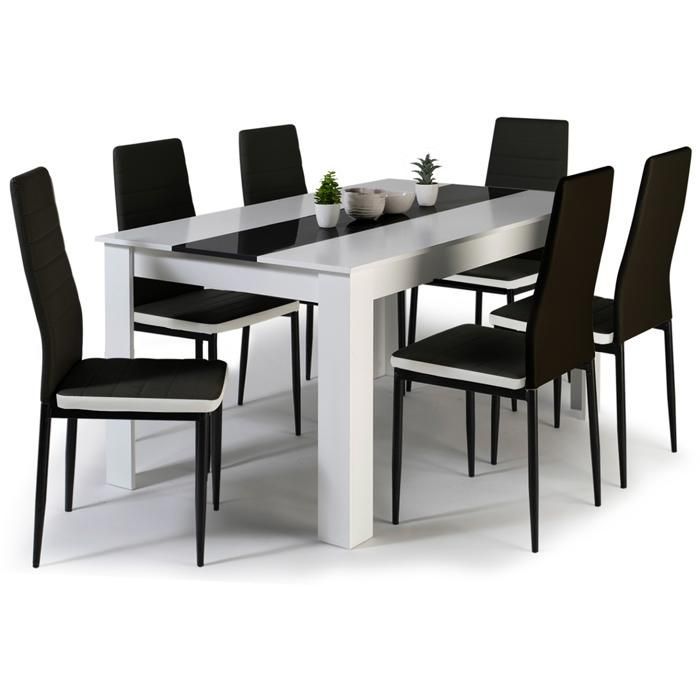 Conjunto de mesa de comedor IDMARKET GEORGIA, 140 cm, blanco y negro, y 6 sillas ROMAE, negras con ribete blanco.