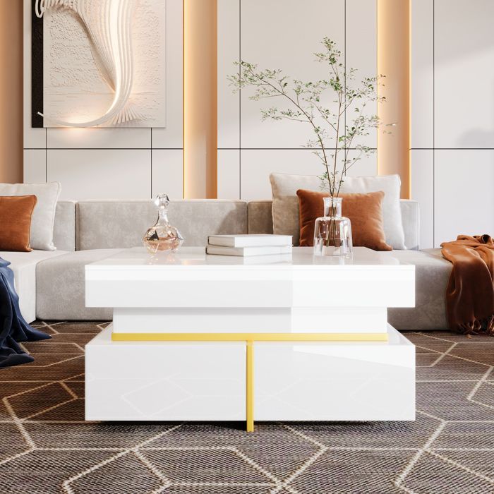 Table Basse - 70x70cm - 2 Tiroirs - Finition Brillante - Accents Dorés