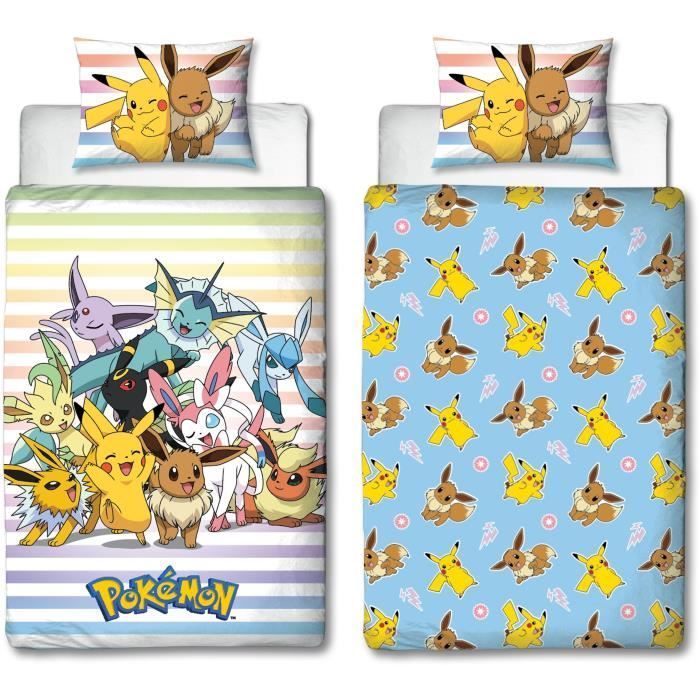 Reversible bedding set - POKEMON - Pikachu and Eevee - Microfiber - 1 duvet cover 140 x 200 cm + 1 pillowcase 63 x 63 cm