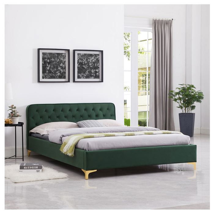 Doppelbett GLAMOUR, Liegefläche 140 x 190 cm, mit Lattenrost und goldfarbenen Metallbeinen, Barockstil, bezogen mit grünem, gestepptem Samt