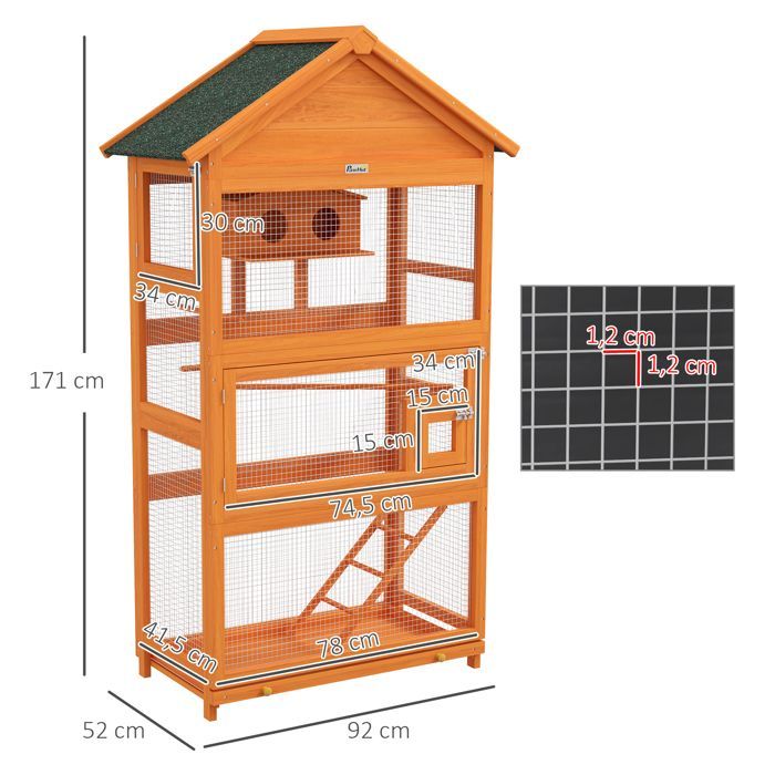 Cage à oiseaux en bois cage perroquet aire de jeux toit asphalte imperméable 92 x 52 x 171 cm orange